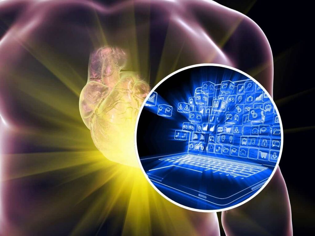 sfondo corpo umano con cuore illuminato e tondo con computer digitalizzato