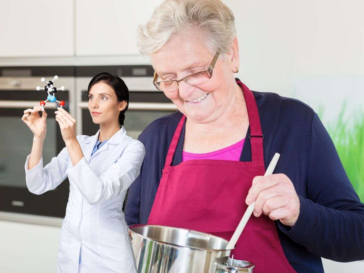 sfondo nonna che cucina e scienziata che studia molecole