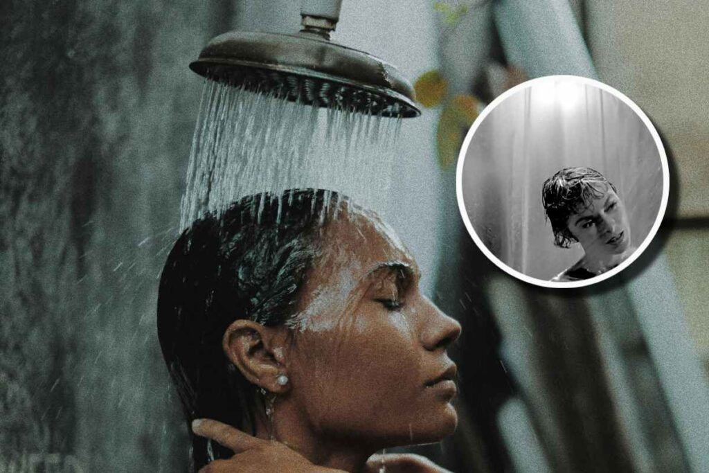 Donna che fa la doccia e, in evidenza, la famosa scena del film Psycho