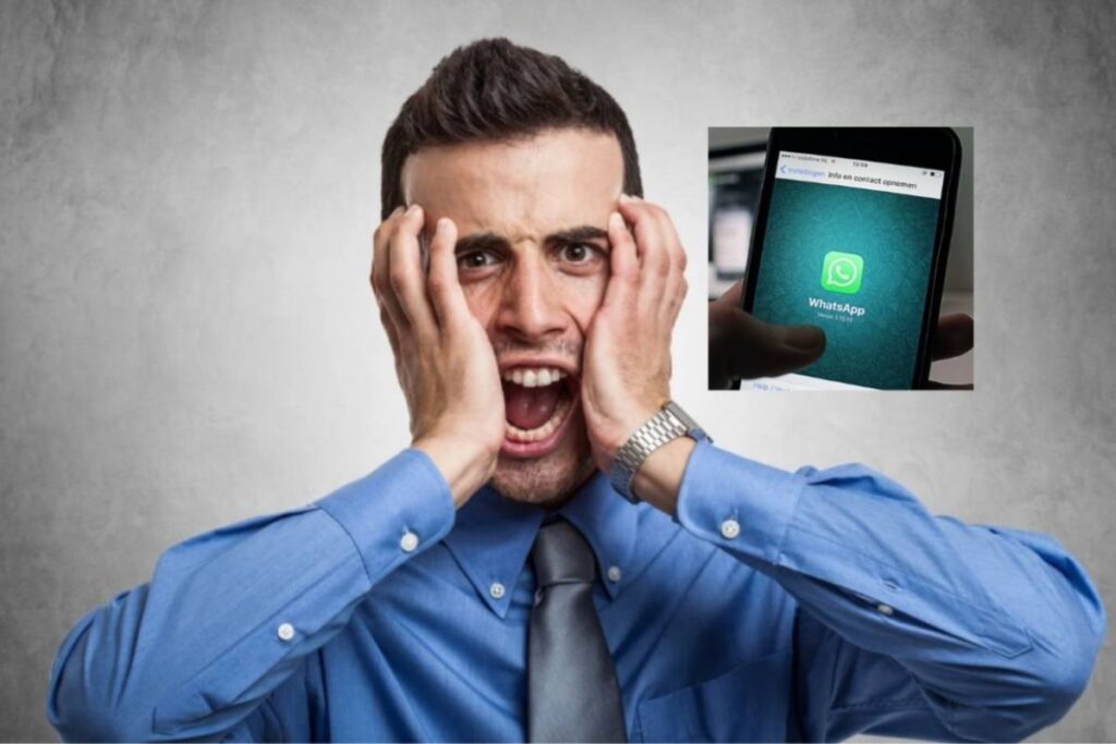 uomo che urla con le mani in faccia e nel riquadro l'icona di whatsapp