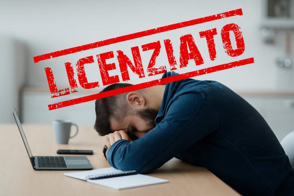 Lavoratore disperato con la testa appoggiata sulla scrivania e timbro rosso con scritto "licenziato" sullo sfondo