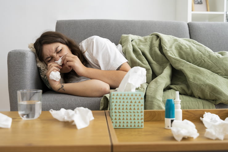Donna congestionata con fazzoletti e spray nasali attorno